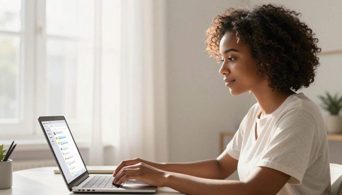 Black woman in profile view typing on a laptop in a Scandinavian apartment