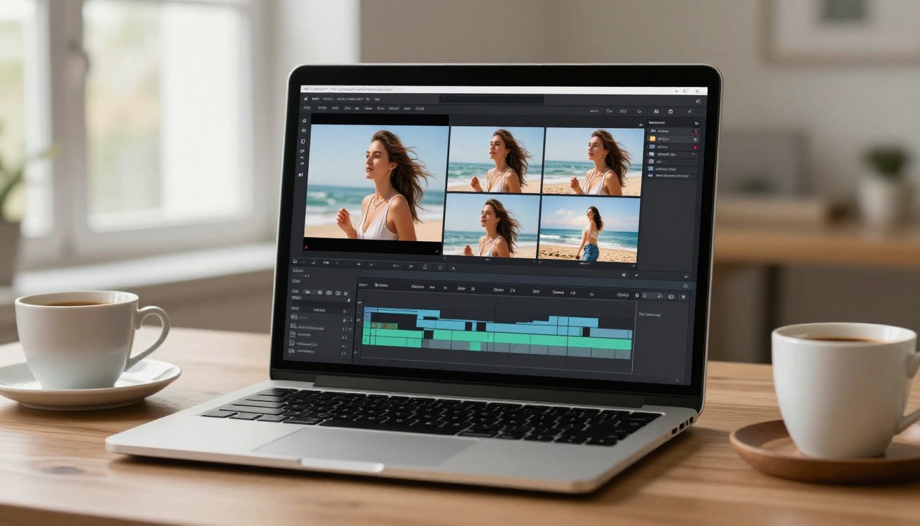 Laptop screen displaying an AI video editor with multiple timeline clips