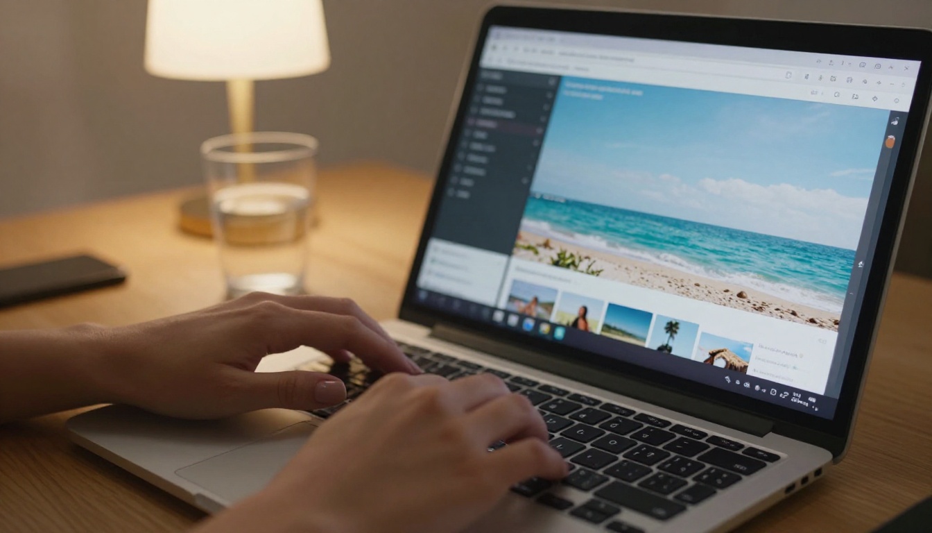 Close-up of woman's hands typing on a laptop with video generation tabs on screen Close-up of woman's hands typing on a laptop with video generation tabs on screen