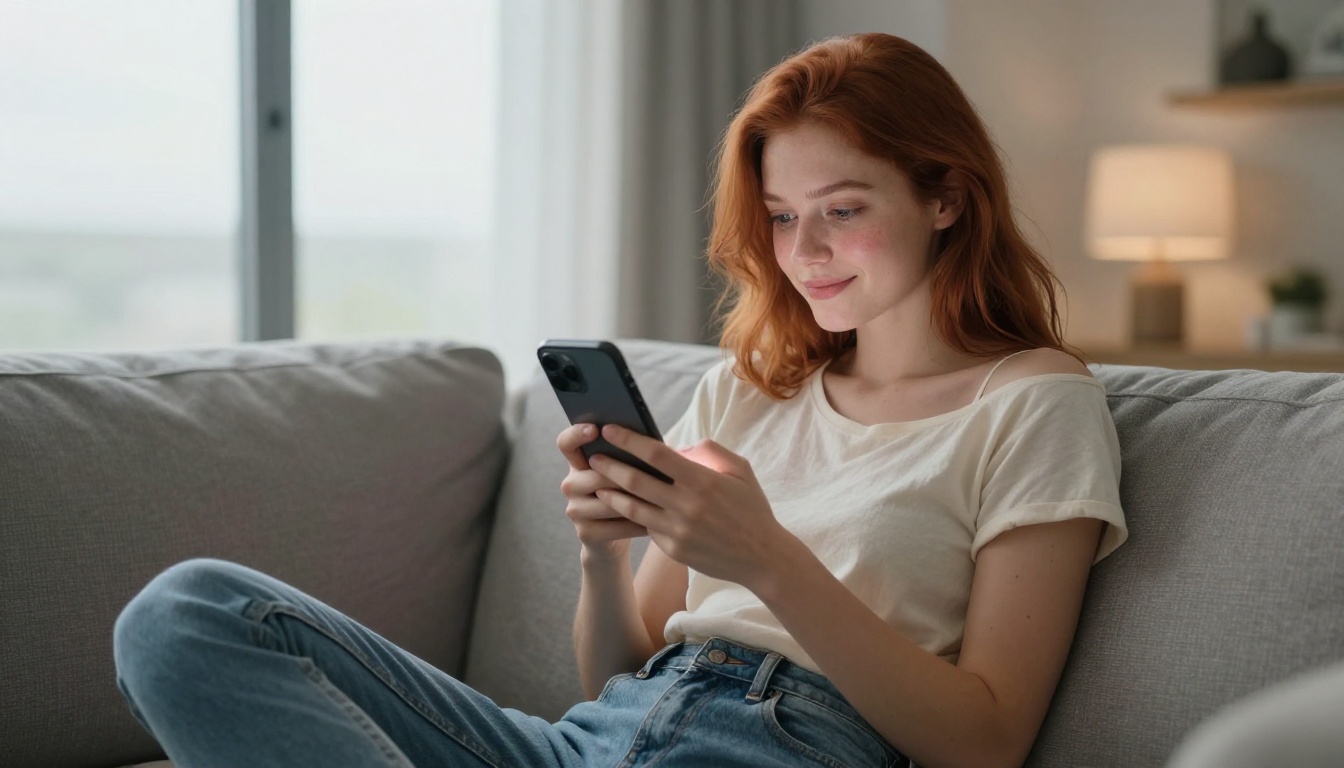 Woman browsing AI-generated content on her smartphone at home