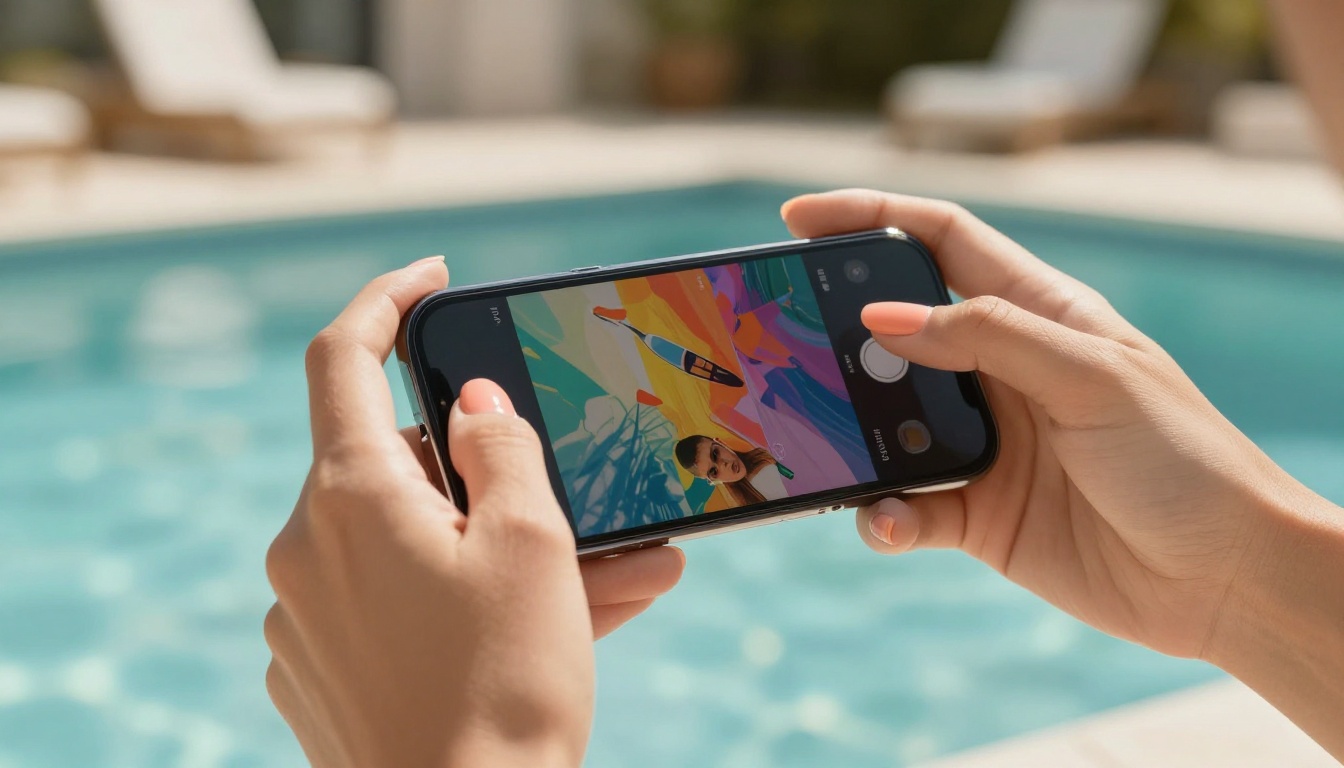 Hands holding a phone showing AI model selection interface by the pool