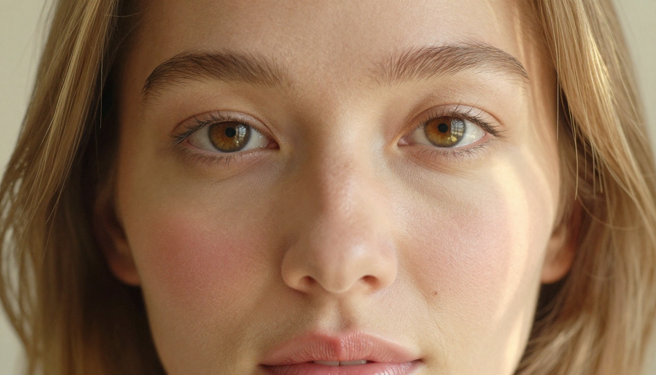 Close-up portrait of a woman's face with natural skin texture and soft window light Close-up portrait of a woman's face with natural skin texture and soft window light