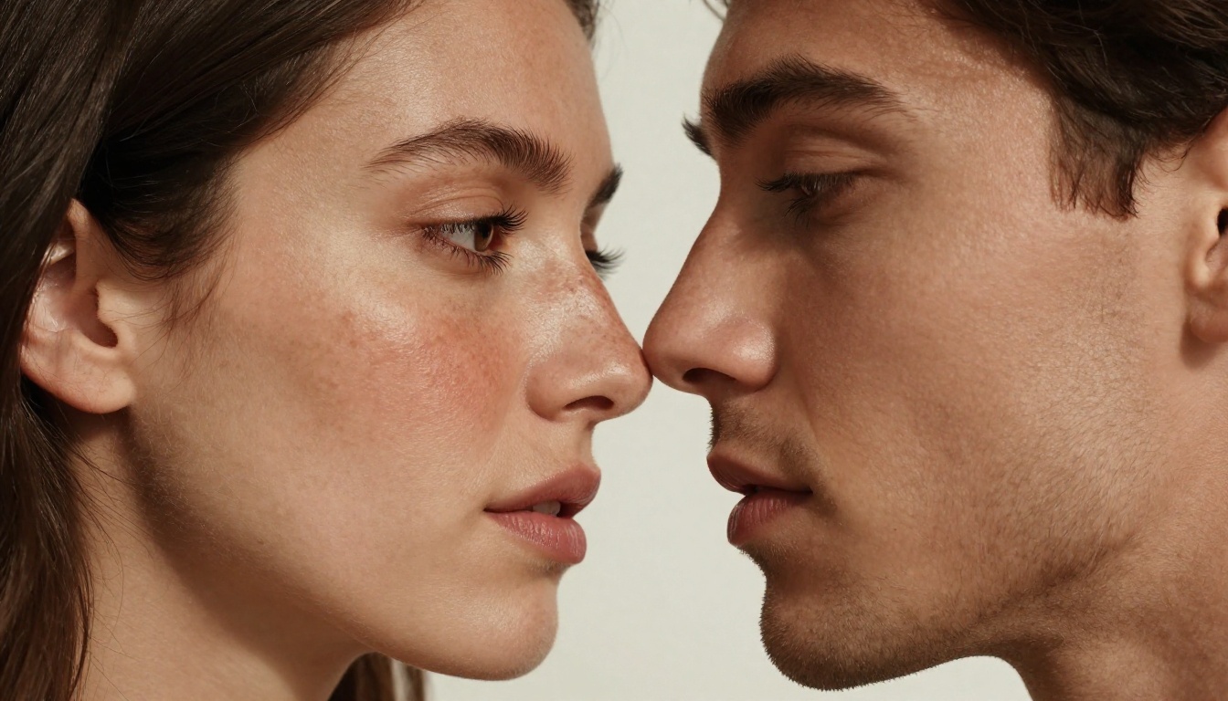 Intimate close-up portrait of a photorealistic AI couple