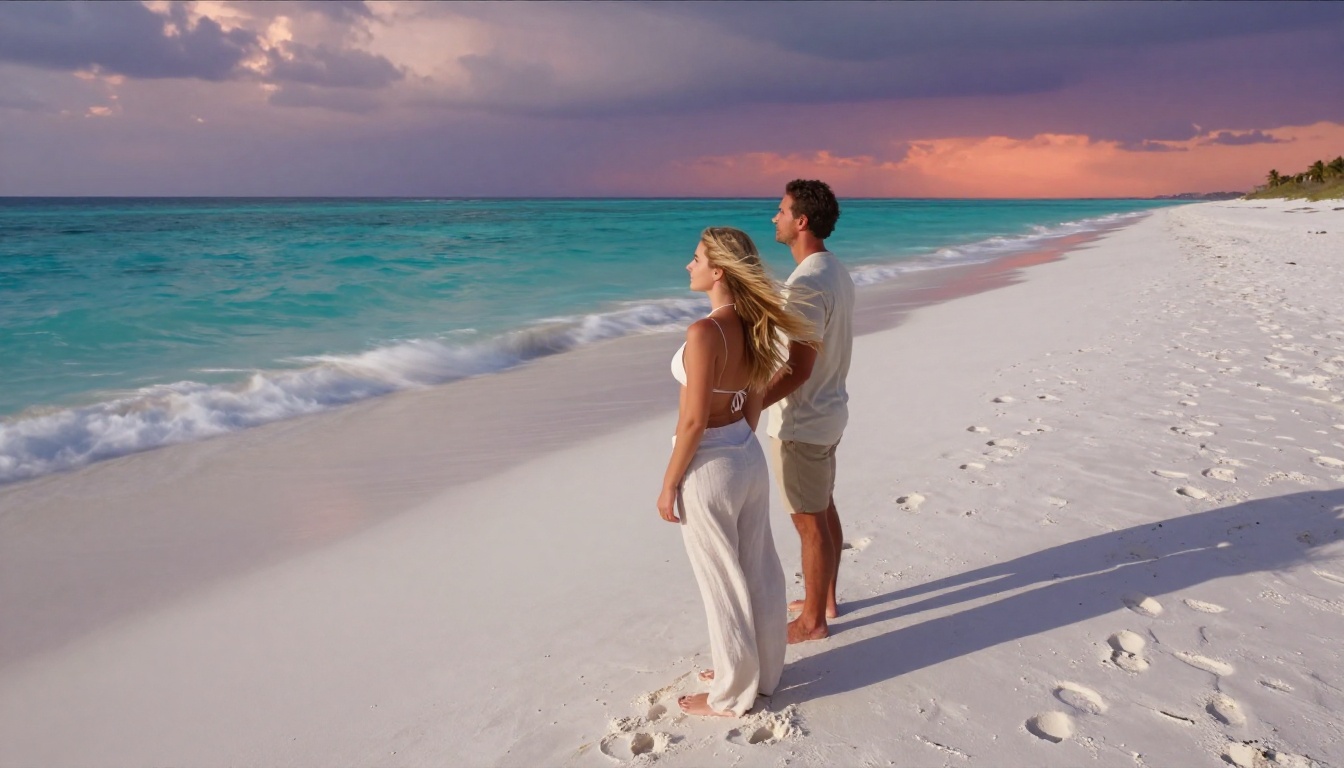Beautiful couple at sunset on a white sand beach
