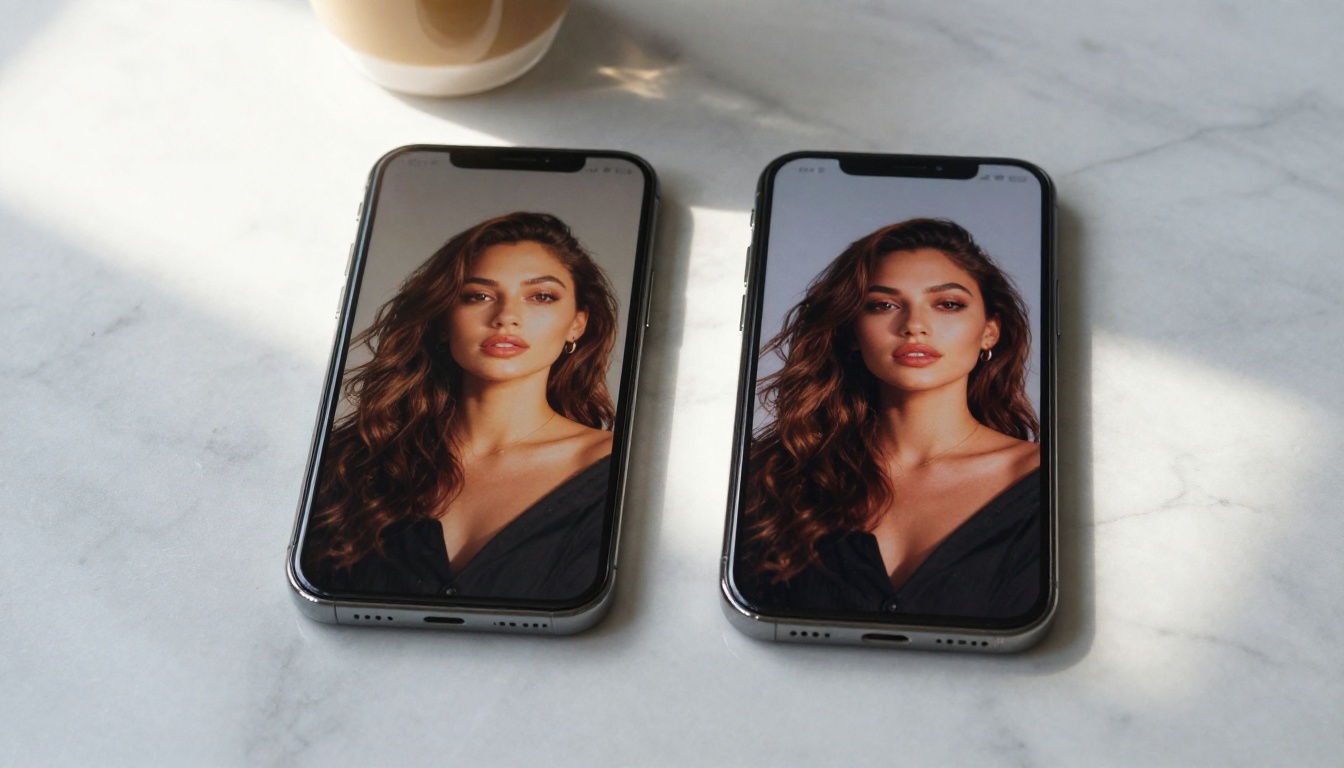 Two smartphones on a marble surface displaying AI-generated portrait content Two smartphones on a marble surface displaying AI-generated portrait content