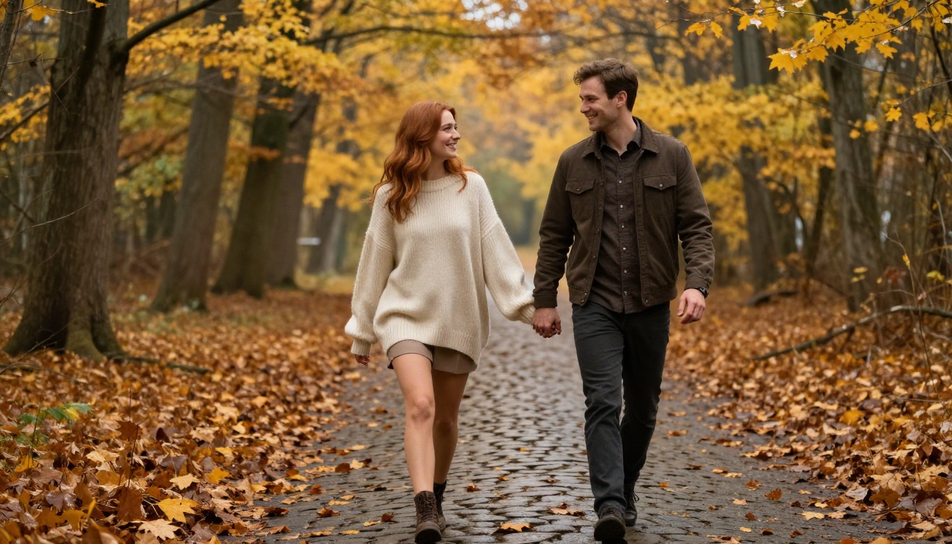 Romantic couple walking through an autumn forest path