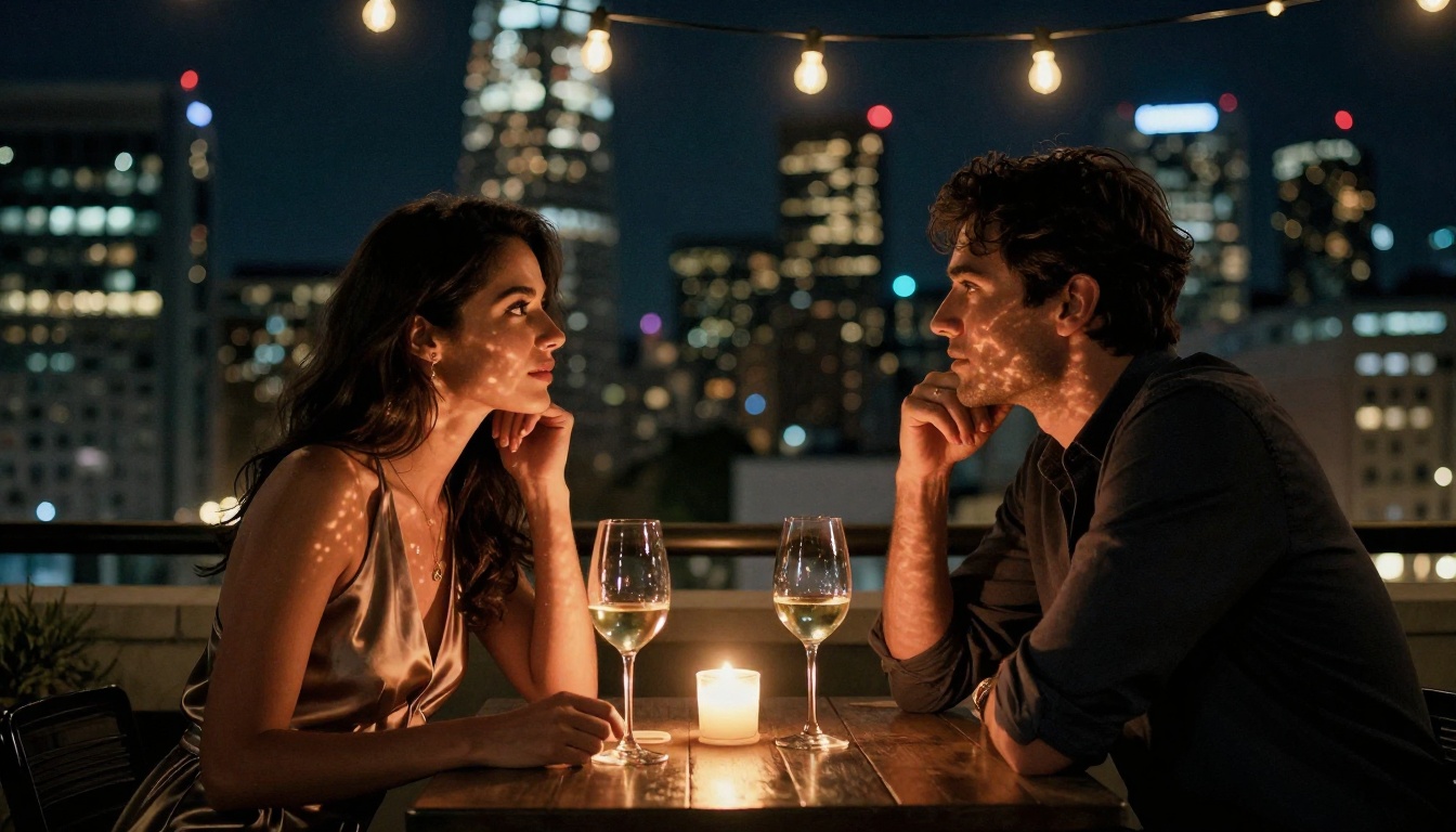 Couple at rooftop restaurant under string lights at night