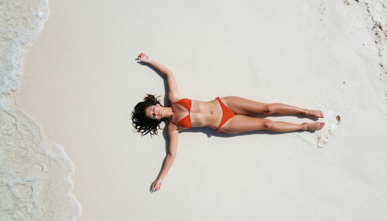 Aerial overhead view of woman on white sand beach in burnt orange bikini