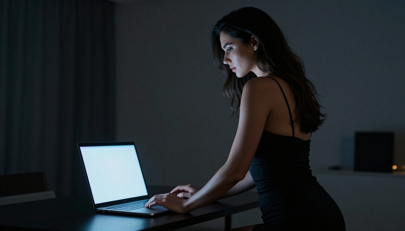 Tall woman in black mini dress leaning toward glowing laptop screen in dark apartment