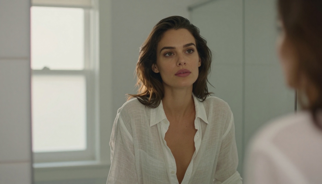 Woman in sheer linen shirt reflected in bathroom mirror Woman in sheer linen shirt reflected in bathroom mirror