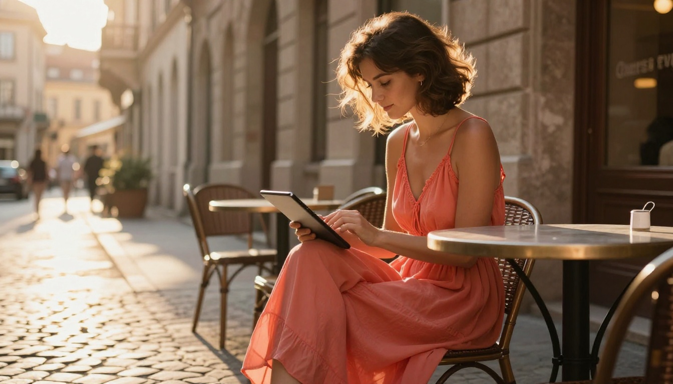 Woman at outdoor cafe using tablet in golden afternoon light