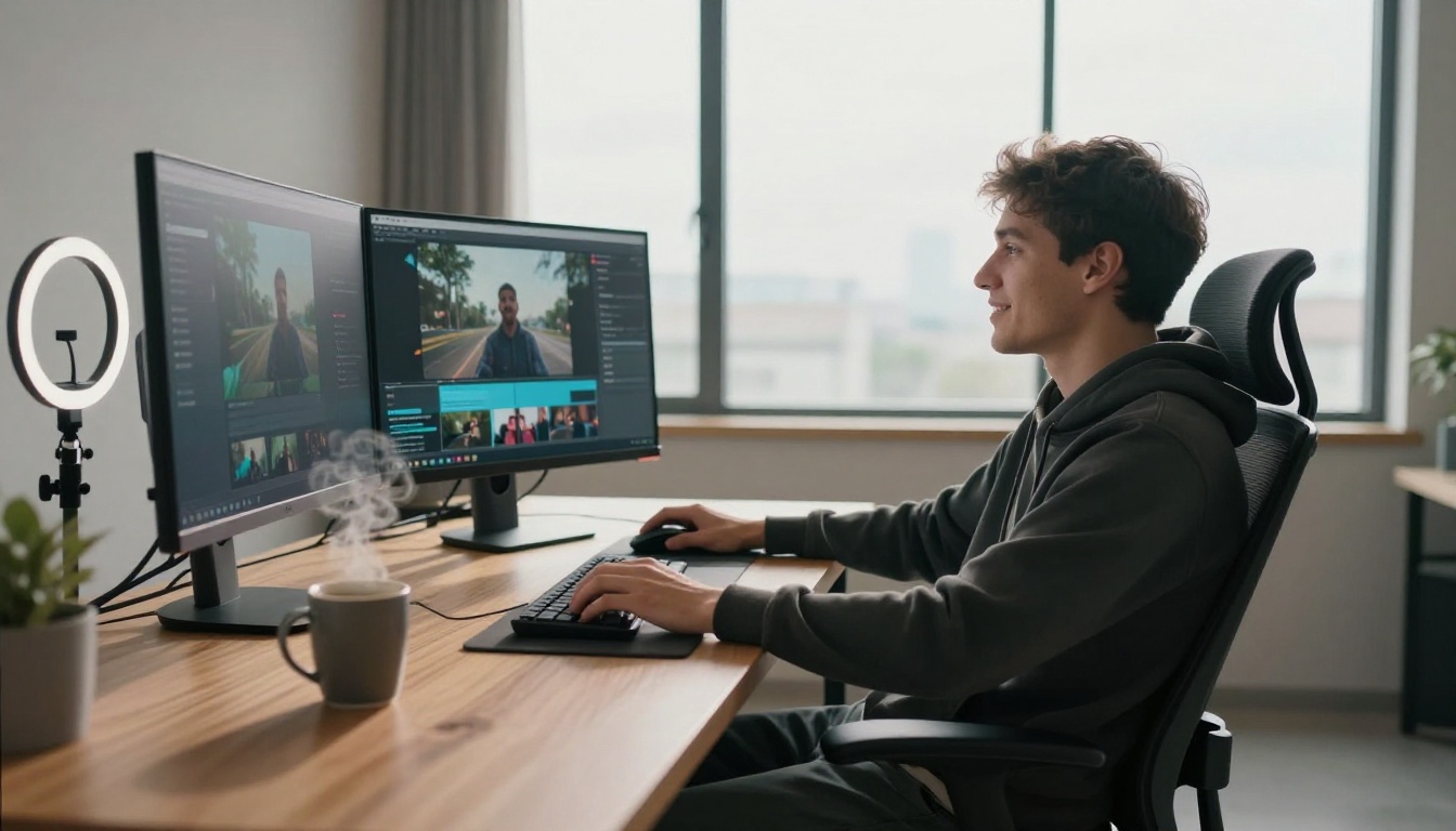 Creator reviewing AI-generated video content on studio monitor