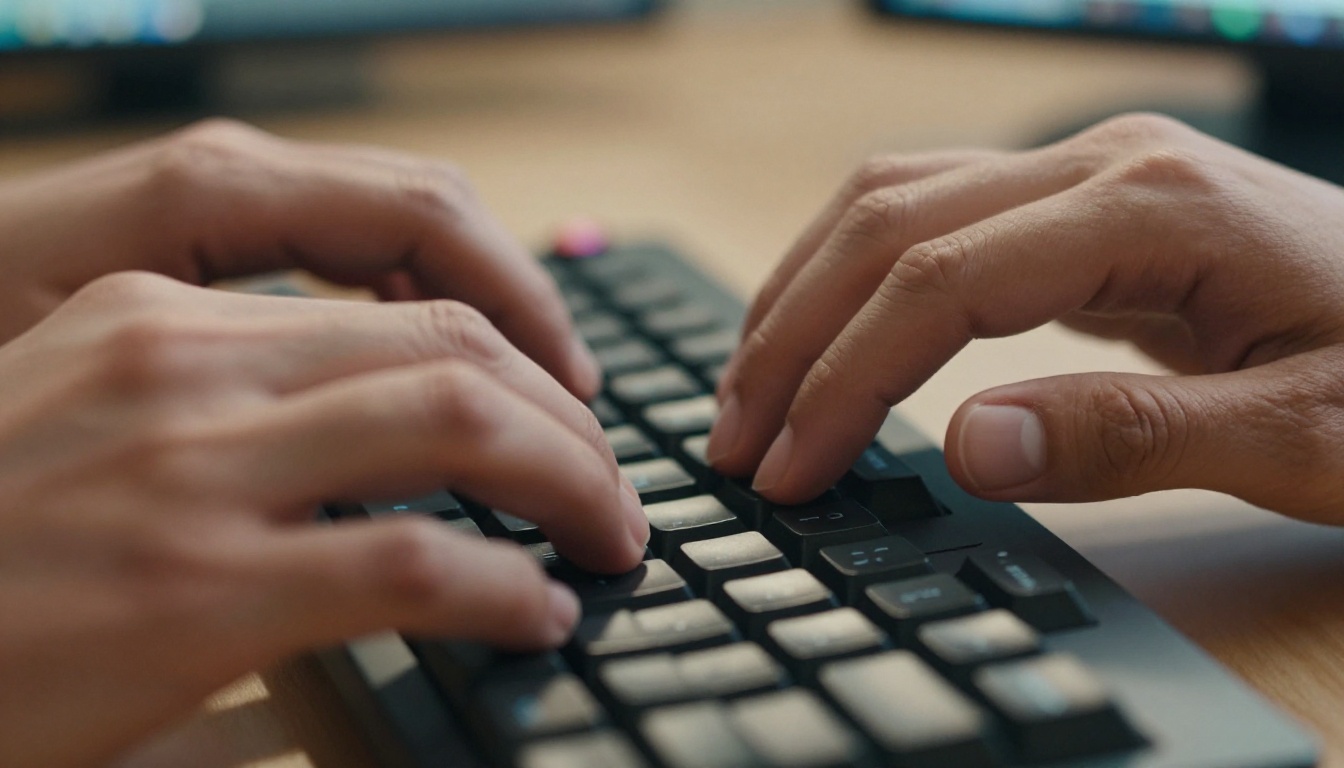 Hands typing on mechanical keyboard generating AI video content