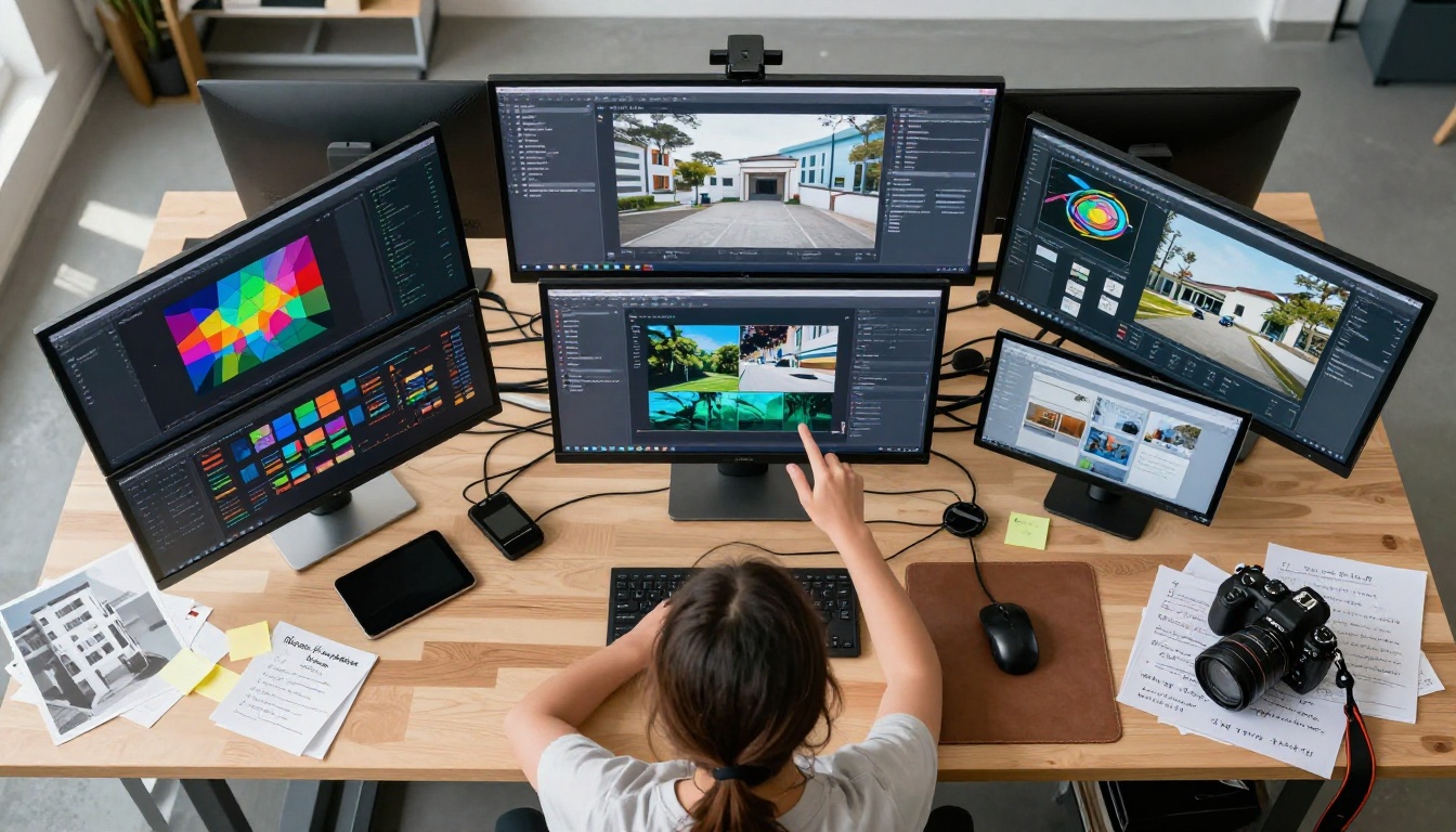 Aerial view of creative studio workspace with multiple AI video monitors