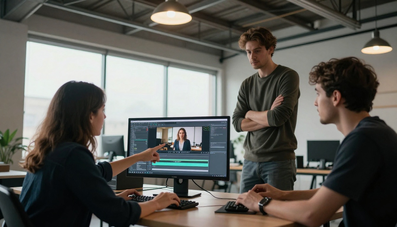 Diverse group of creators collaborating on AI video project