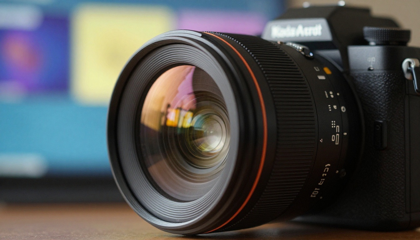Close-up of camera lens with bokeh video studio background