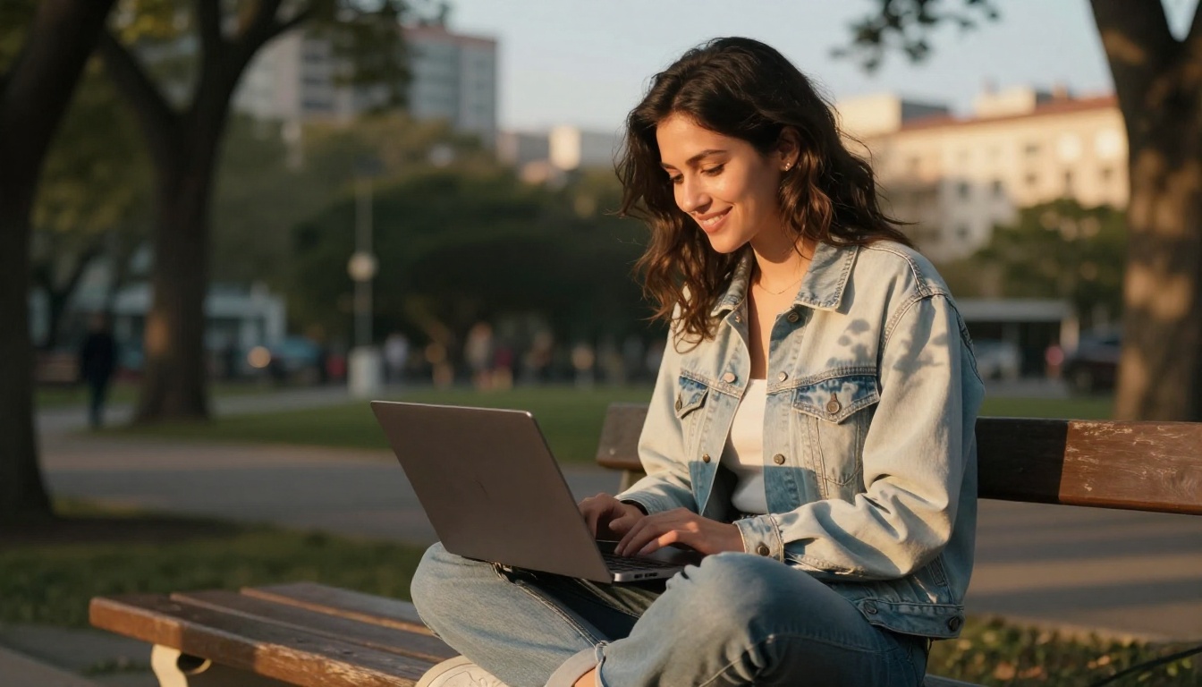 Female creator outdoors reviewing AI video content on laptop at golden hour