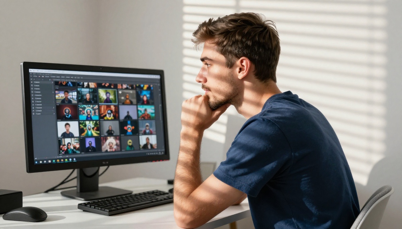 Creator with deep concentration reviewing AI video model options on monitor