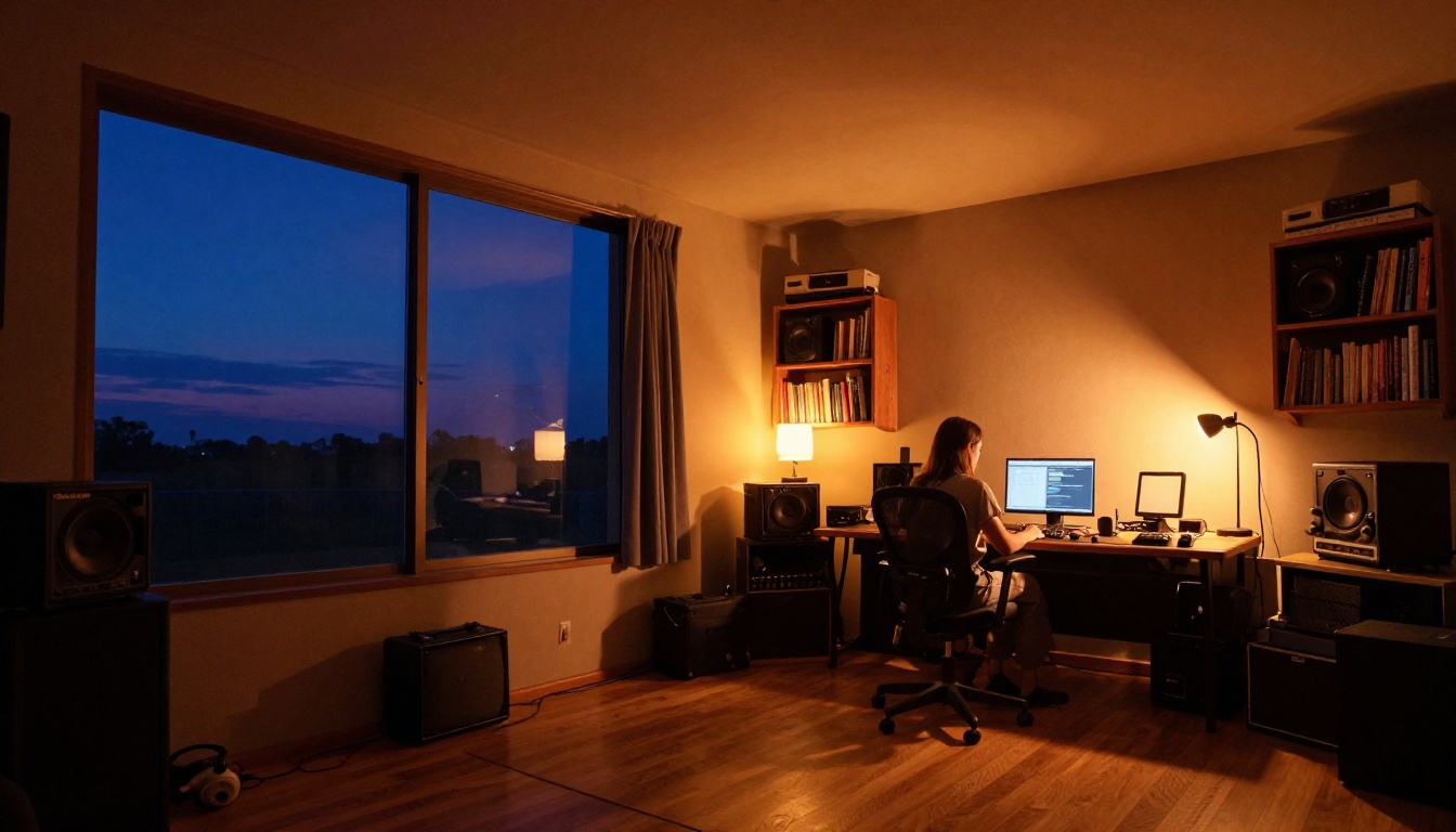 Twilight home studio with warm monitor glow and cool window light