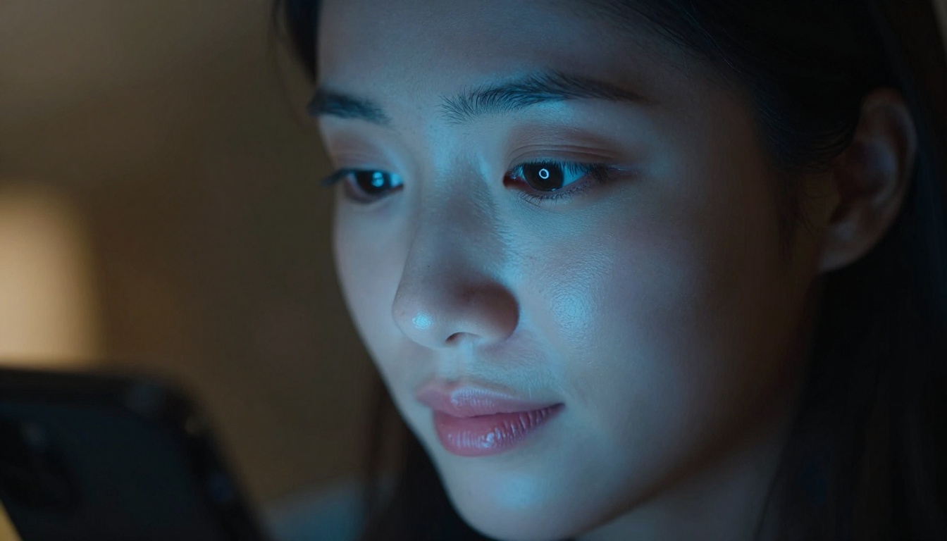 Woman's face illuminated by phone screen glow in dark bedroom, close-up photography