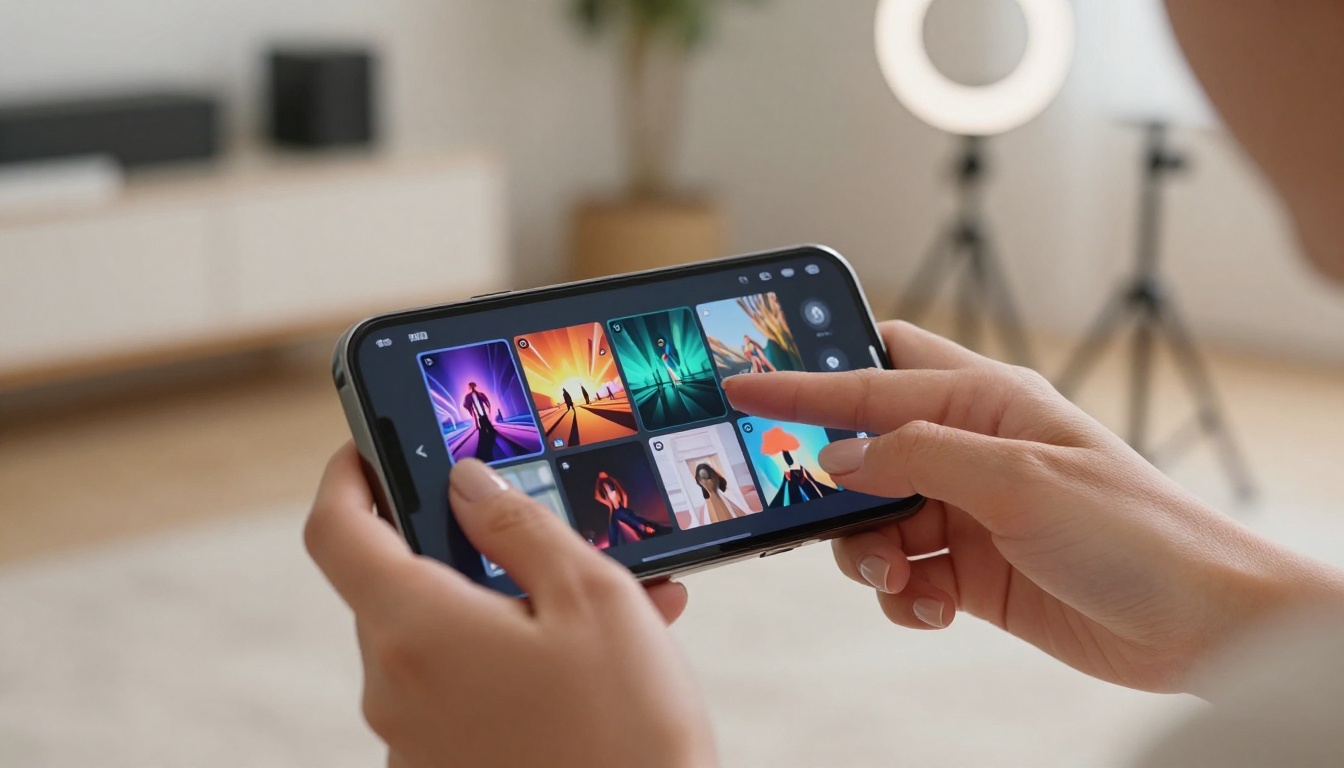 Hands scrolling AI video generation app on smartphone in home studio setup