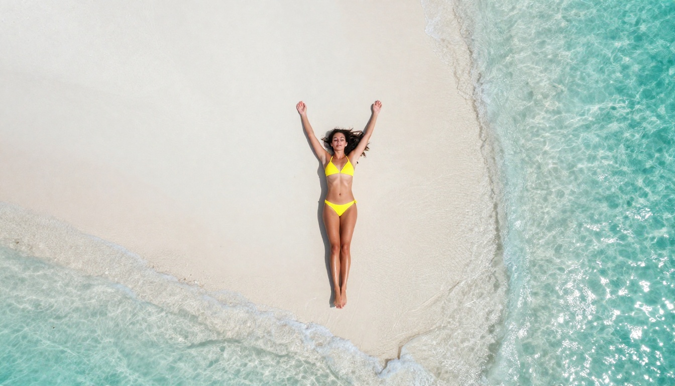 Aerial drone view of woman in yellow bikini on white sand beach with turquoise ocean