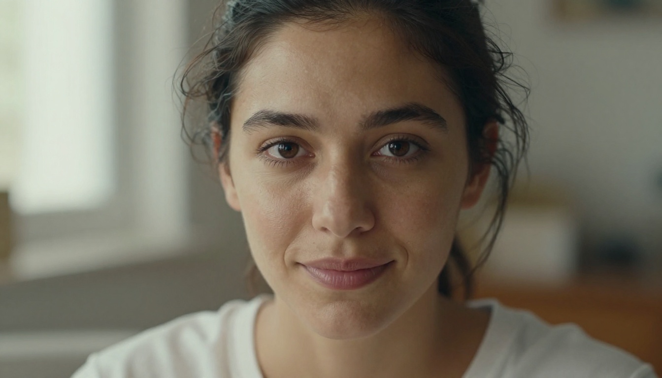 Close-up portrait of a beautiful woman with natural morning light and authentic skin texture