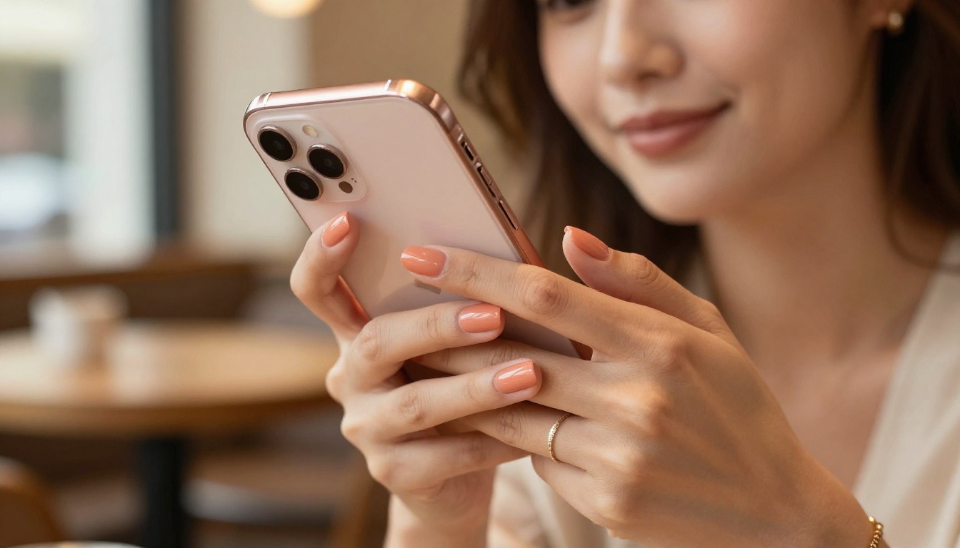 Beautifully manicured hands holding rose gold iPhone in warm cafe setting, macro photography