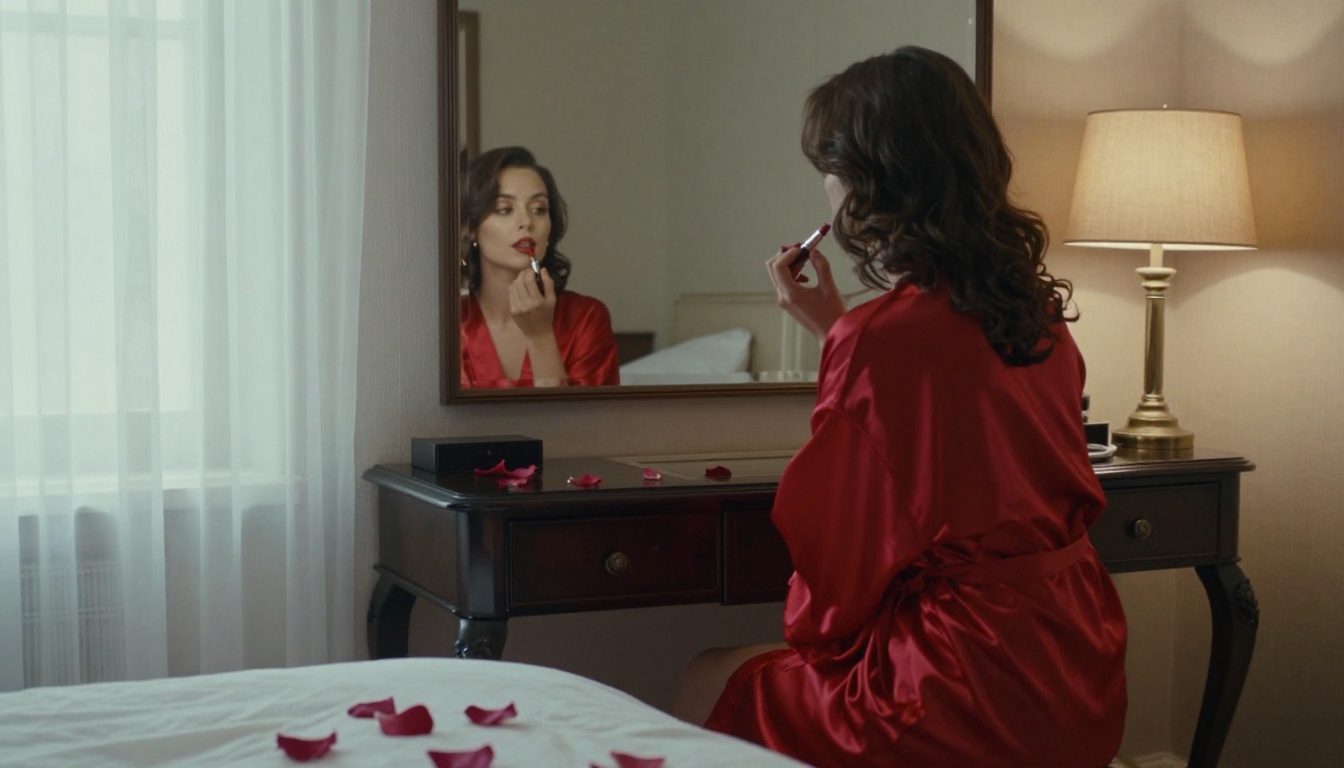 Woman in elegant red silk robe at luxury hotel vanity mirror morning light