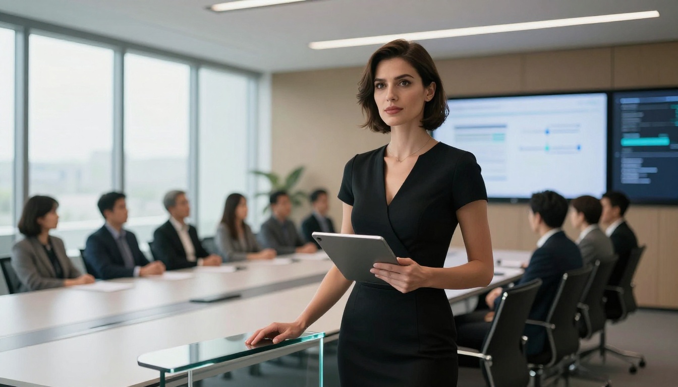 Confident woman in black dress presenting at minimalist conference room, editorial photography
