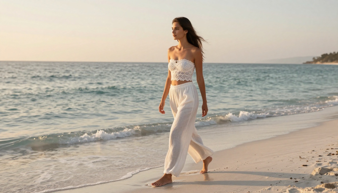 Beautiful woman walking barefoot on white sand beach at sunrise in lace bandeau top
