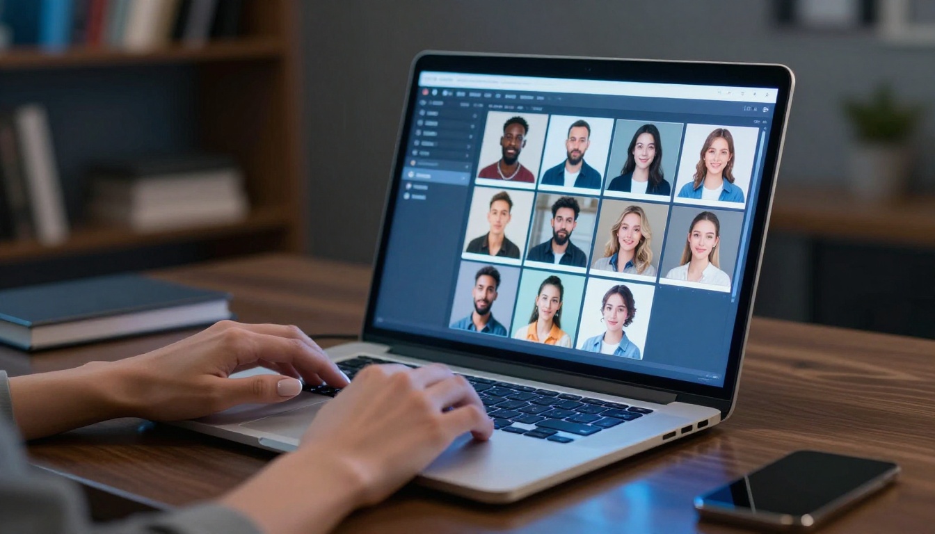 AI image generation interface on laptop showing photorealistic portrait thumbnails