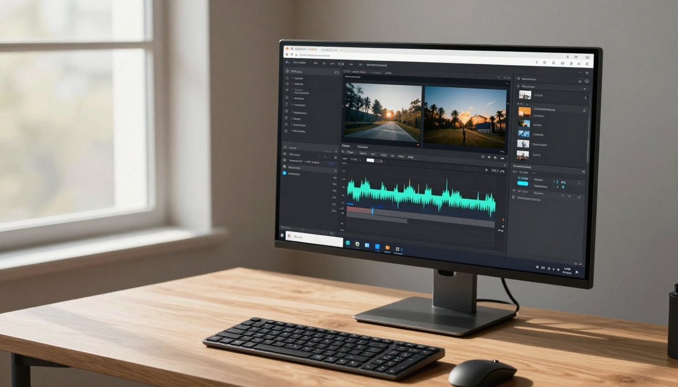 Minimalist creator workspace with ultrawide monitor showing AI video platform interface