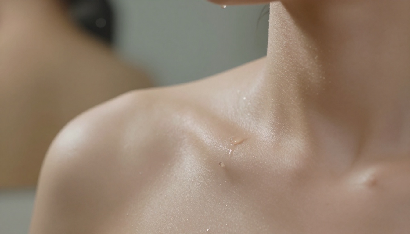 Extreme close-up of bare shoulder and collarbone single water drop visible skin texture