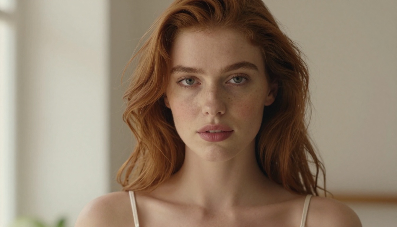 Close-up beauty portrait of woman with auburn hair in silk camisole, natural window light
