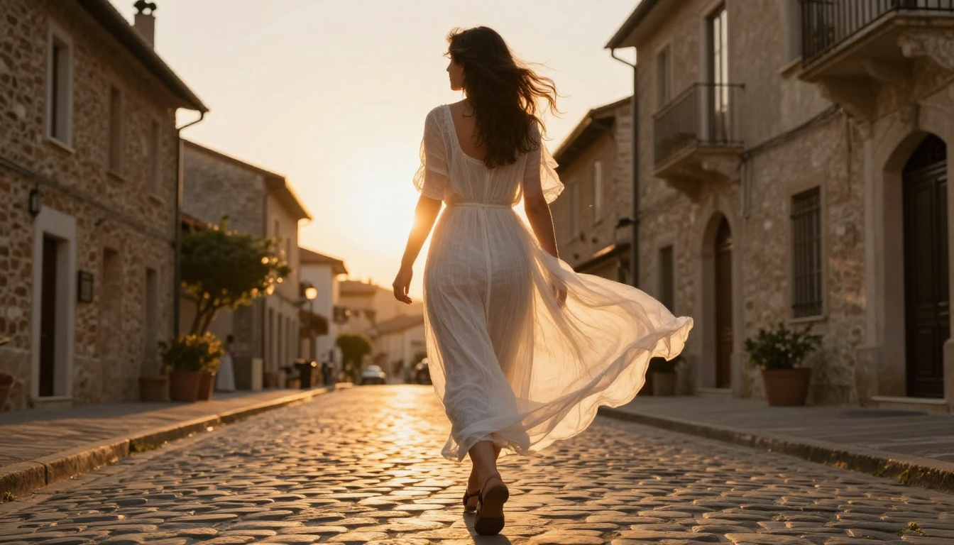 Woman in sheer white linen dress walking cobblestone European village at golden sunset