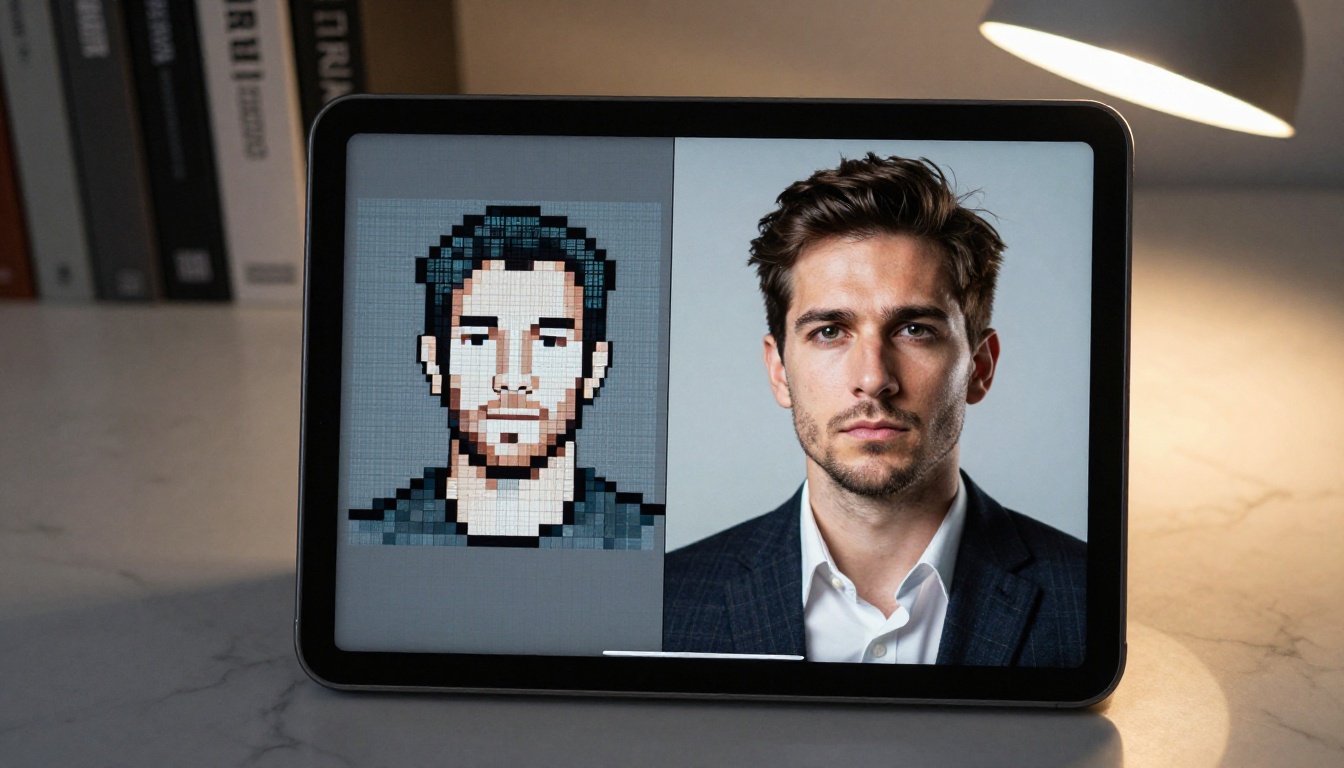 Tablet screen showing side-by-side comparison of pixelated vs sharp 4K upscaled portrait