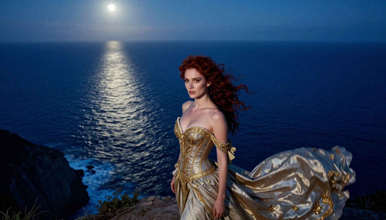 Mysterious woman in fantasy gown at cliff overlooking moonlit ocean, dramatic fantasy photography
