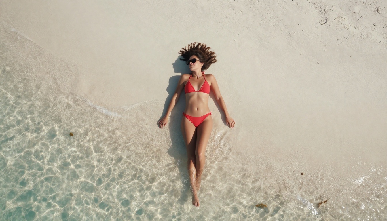 Aerial shot from above: woman in coral bikini lying on white sand beach, turquoise water edge