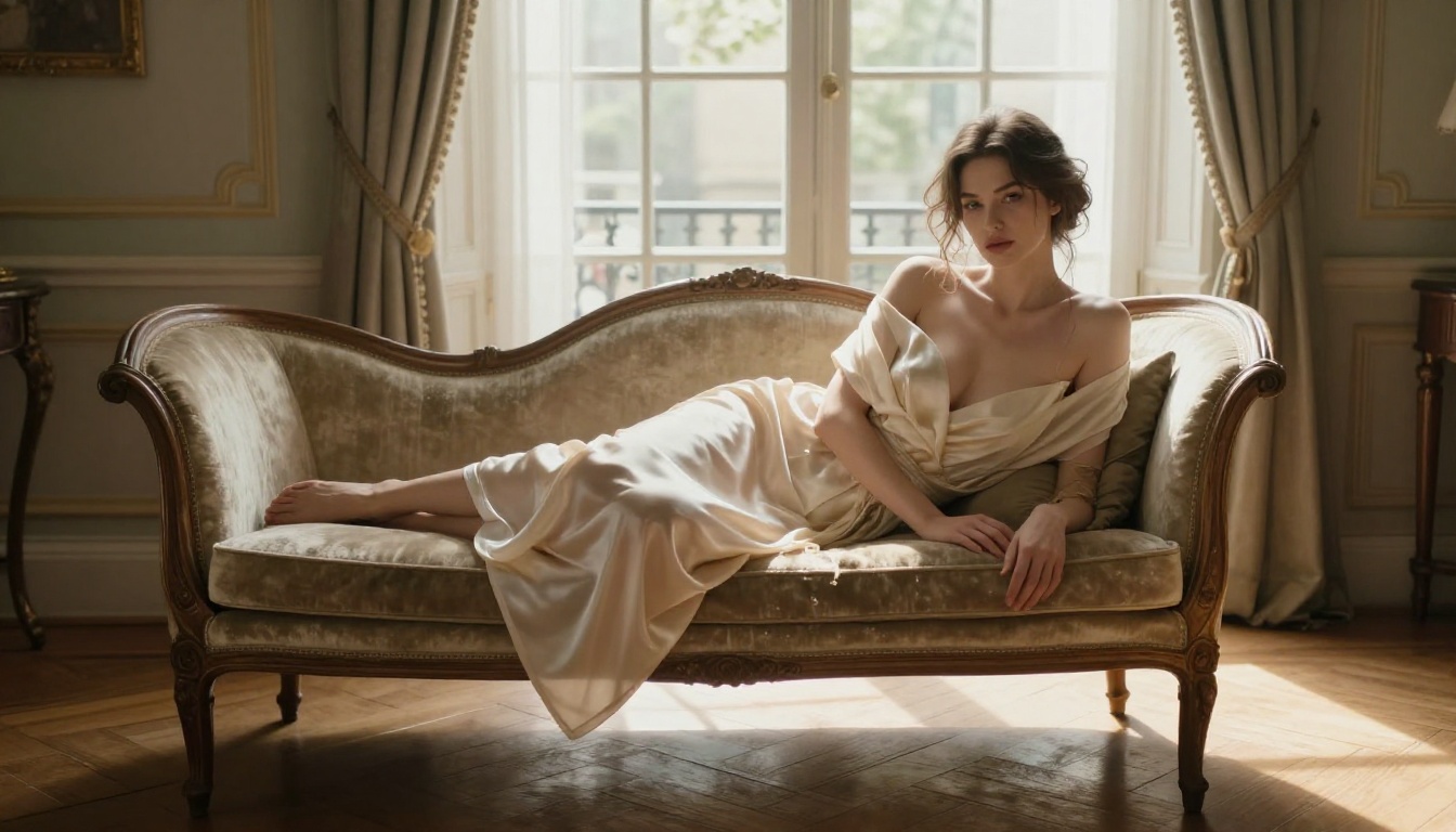 Beautiful woman in cream silk robe in Parisian studio