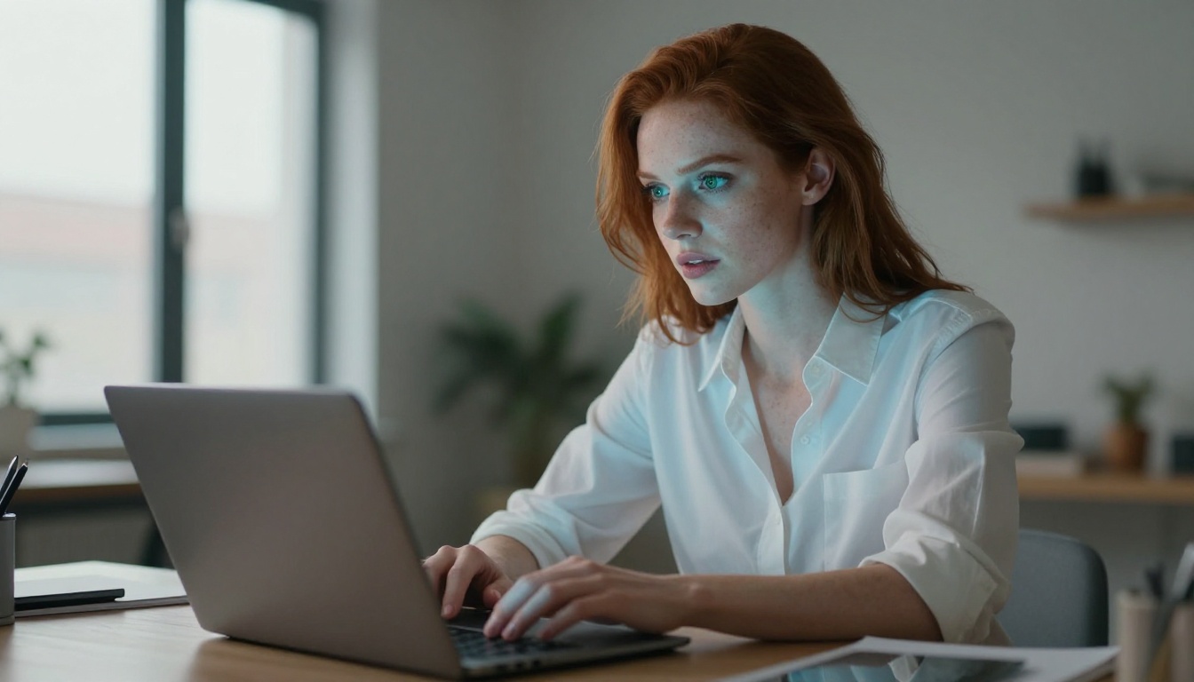 Red-haired woman writing prompts on a laptop