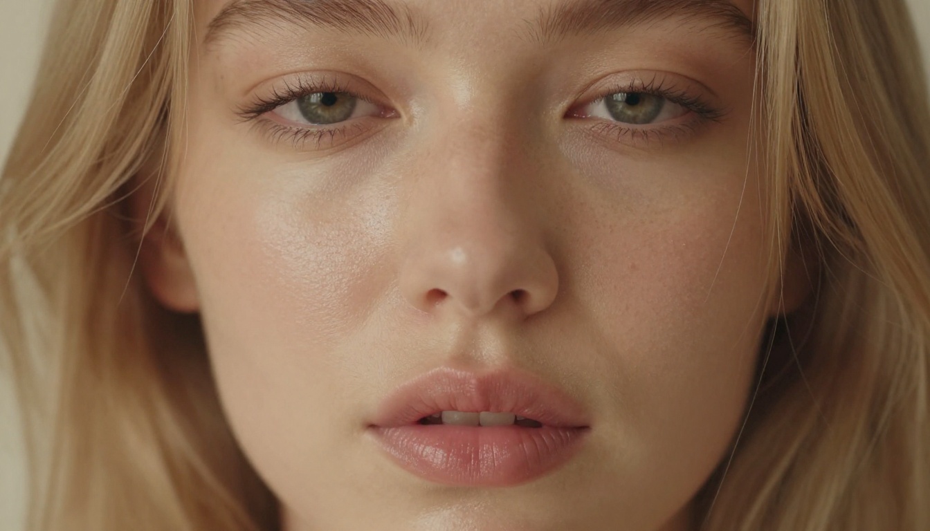 Close-up portrait of woman with blonde hair and dewy skin