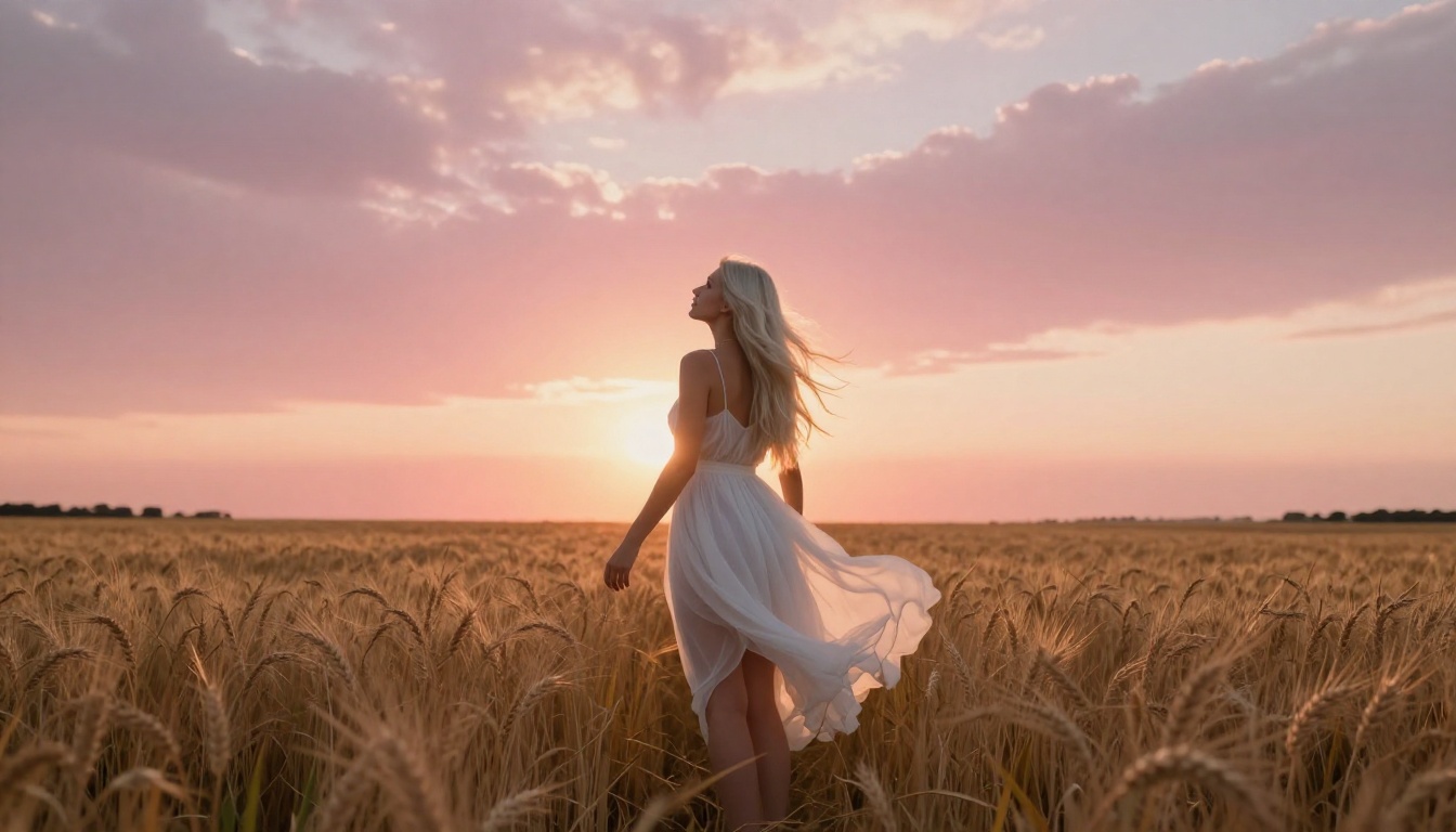 Blonde woman in white sundress standing in wheat field at dusk Blonde woman in white sundress standing in wheat field at dusk
