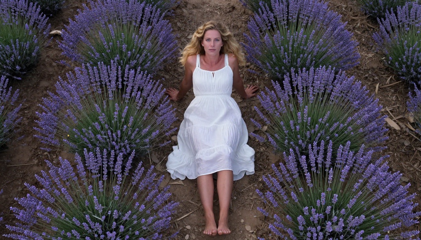 Woman in aerial view of lavender field in Provence, dreamy fantasy photography RAW 8K Woman in aerial view of lavender field in Provence, dreamy fantasy photography RAW 8K