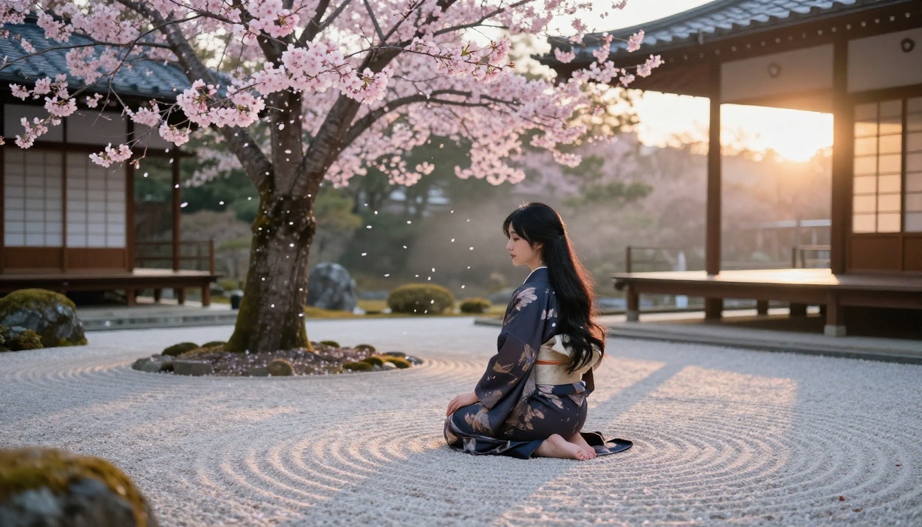 Graceful woman in Japanese zen garden at dawn with cherry blossoms, kimono fantasy photography Graceful woman in Japanese zen garden at dawn with cherry blossoms, kimono fantasy photography