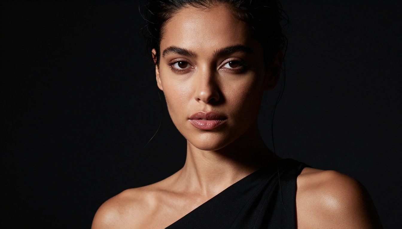 Dramatic studio beauty portrait with Rembrandt lighting and detailed skin texture Dramatic studio beauty portrait with Rembrandt lighting and detailed skin texture