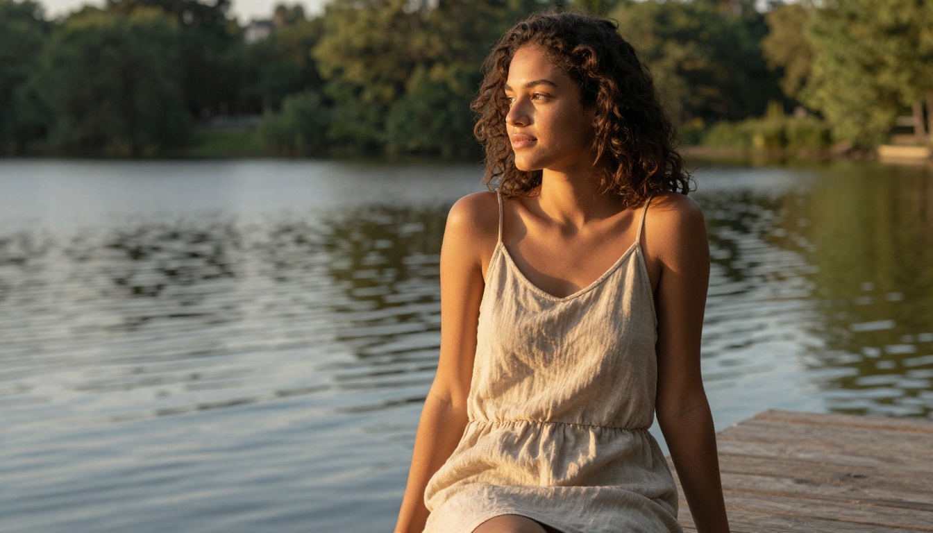 Outdoor lifestyle portrait of a woman on a wooden dock with warm afternoon skin lighting Outdoor lifestyle portrait of a woman on a wooden dock with warm afternoon skin lighting