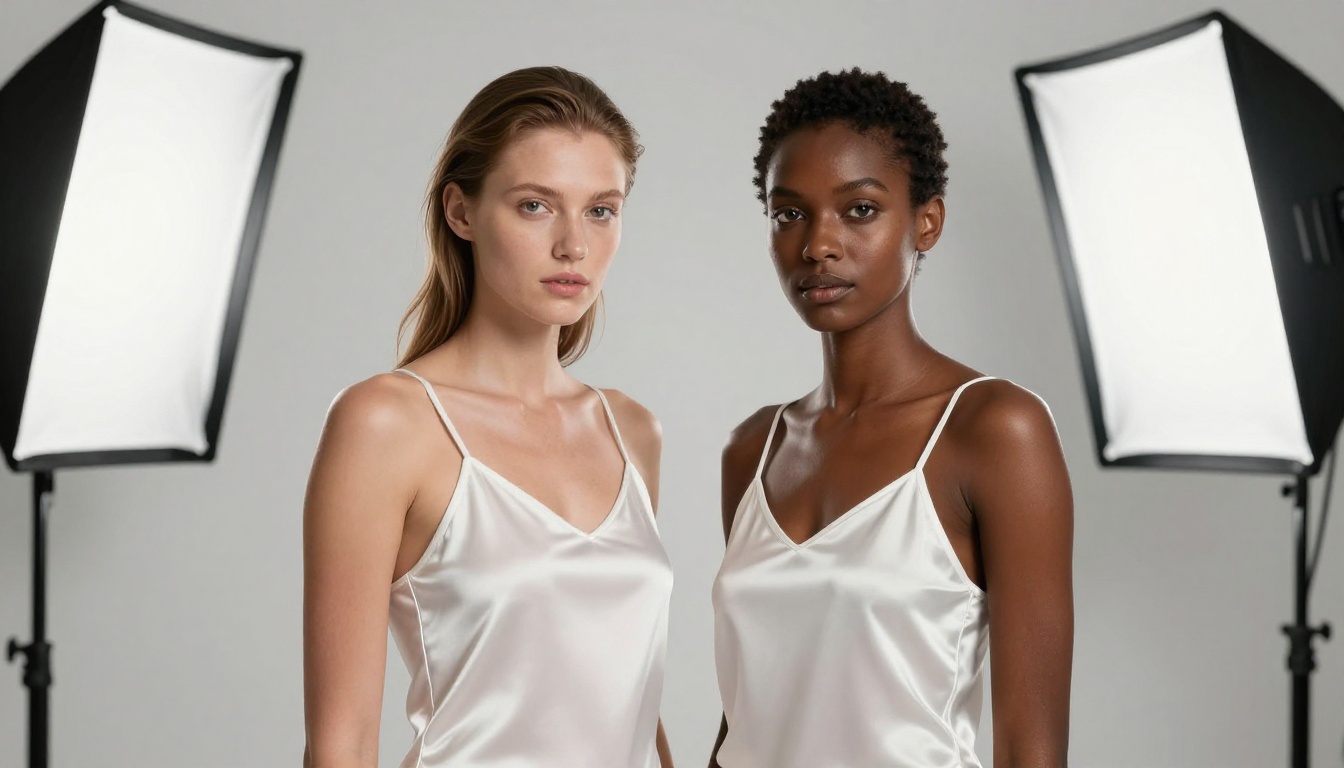 Artistic portrait showing two women with different skin tones in a white studio with natural lighting Artistic portrait showing two women with different skin tones in a white studio with natural lighting