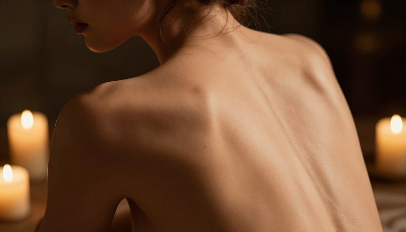 Woman's back and shoulders with realistic skin texture in warm amber candlelight Woman's back and shoulders with realistic skin texture in warm amber candlelight