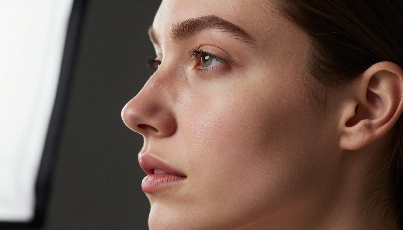 Technical skin detail portrait with Hasselblad-quality pore definition in Rembrandt studio light Technical skin detail portrait with Hasselblad-quality pore definition in Rembrandt studio light